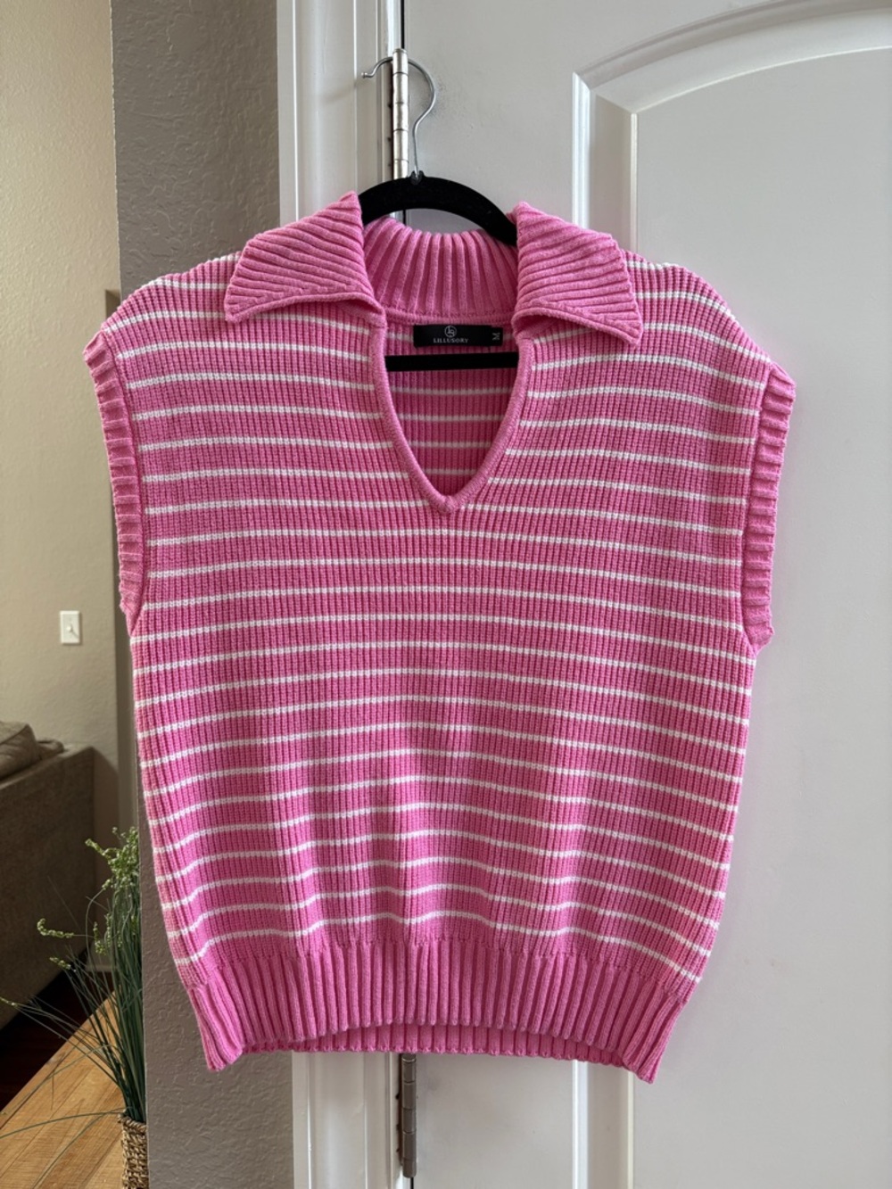 Pink Striped Sleeveless Polo Sweater Vest
